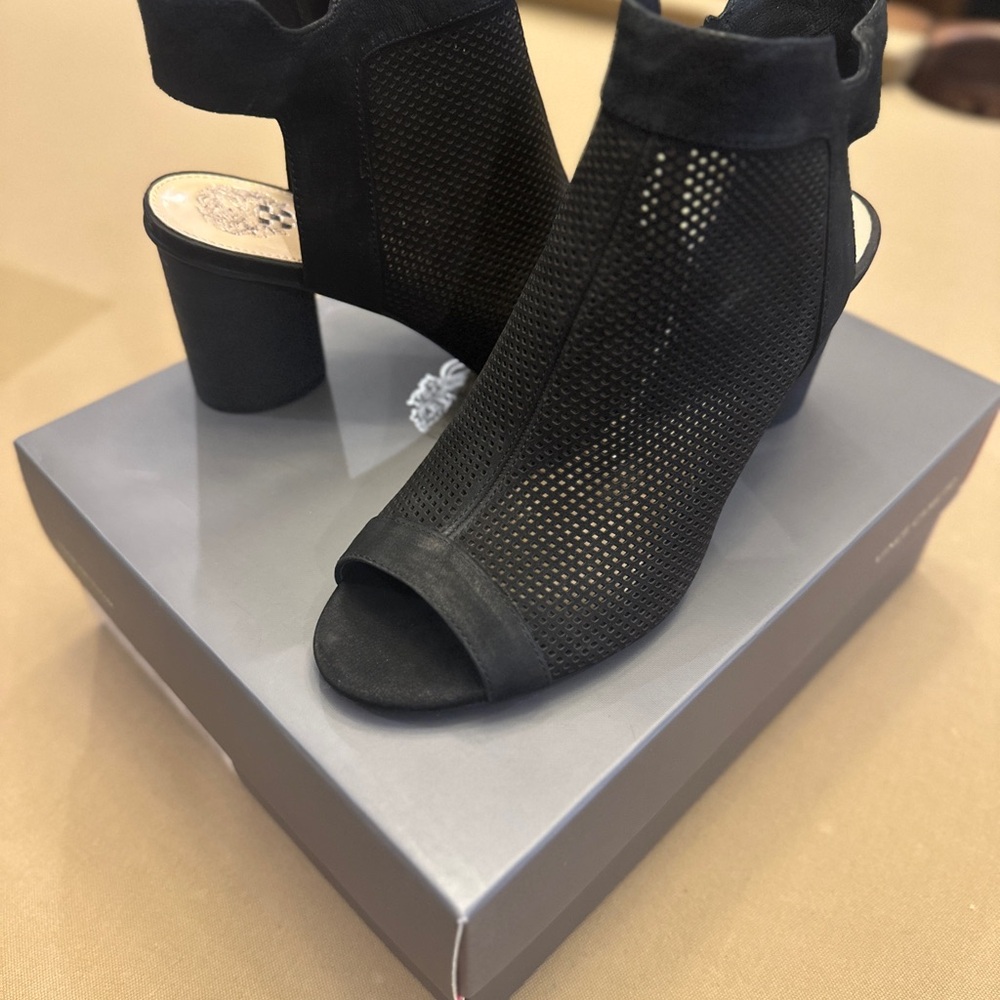 Vince Camuto Jakayla Black Mesh Peep-Toe Heeled Booties / Sandals